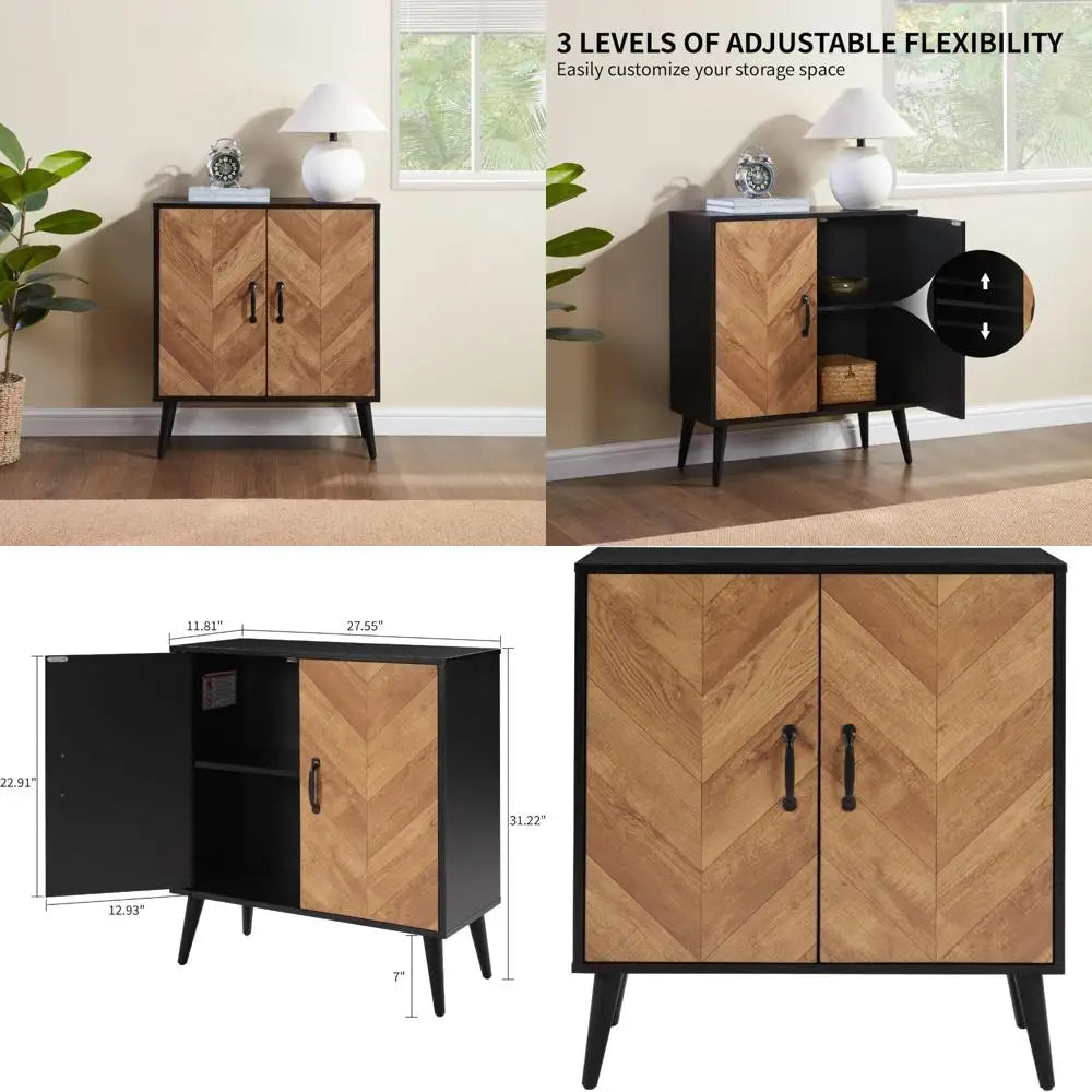 adjustable shelf accent cabinet for kitchen & living room, herringbone pattern storage