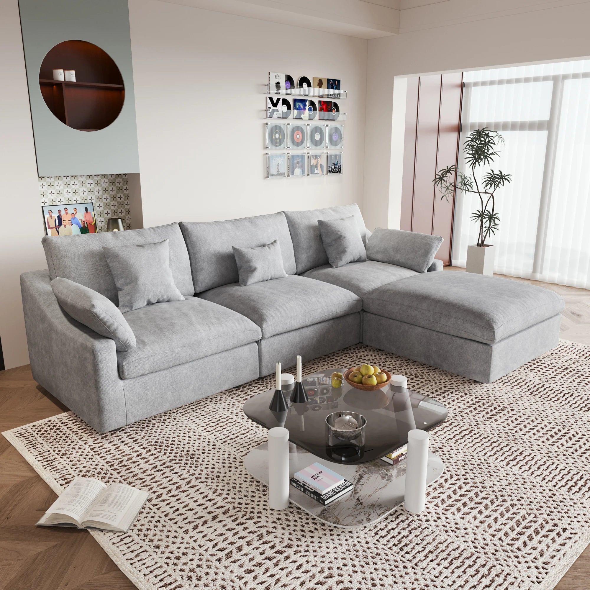 120''  Modern Sectional Sofa for Living Room Comfy Cloud Couch Down Filled Couch with Ottoman L Shaped 4 Seater Convertible Sofa