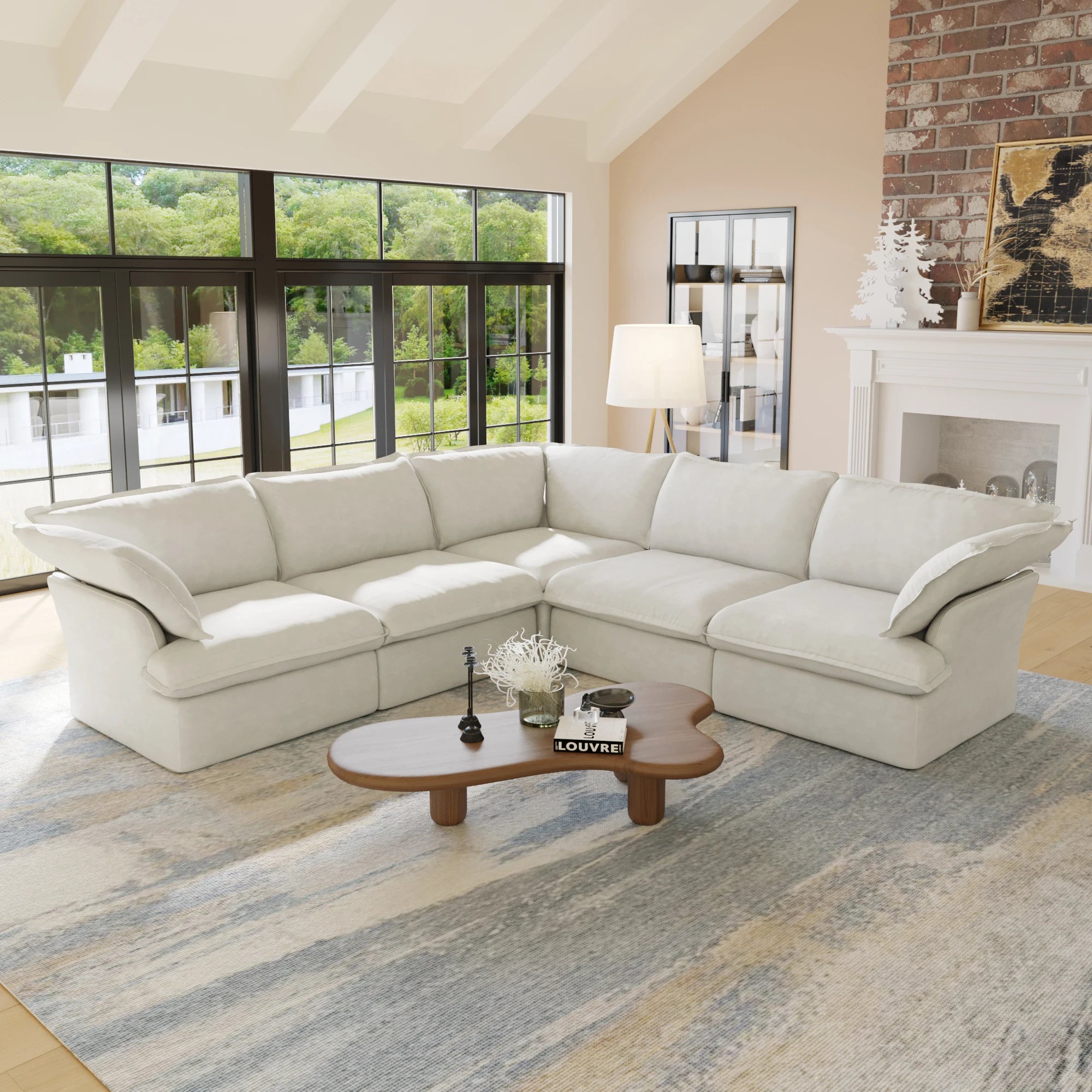 L Shape Corner Sectional Couch  Breathable Linen Cloud Couches Down Fill Convertible Modular Sectional Sofas for Living Room