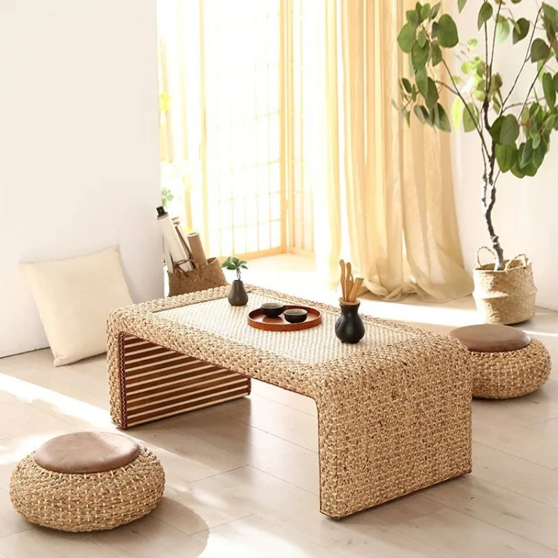 Solid Wood Tatami Tea Table Low Floor Table with Rattan Weaving for Home Bedroom Decor